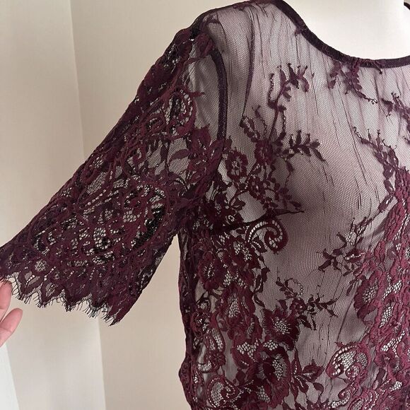 Lace Embroidered Y2K Mesh Top size S Burgundy Goth Fairy Grunge Festival Sheer - Picture 7 of 7